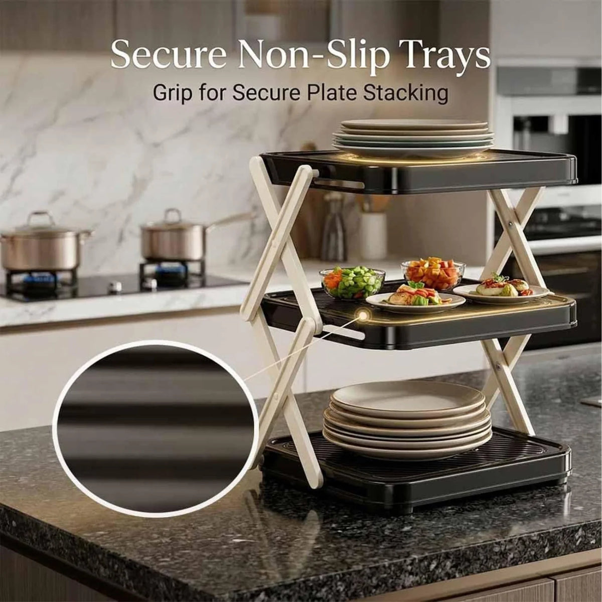 Plate Organizer Rack, 3-Tier Foldable Dish & Prep Tray Storage Stand – image 5