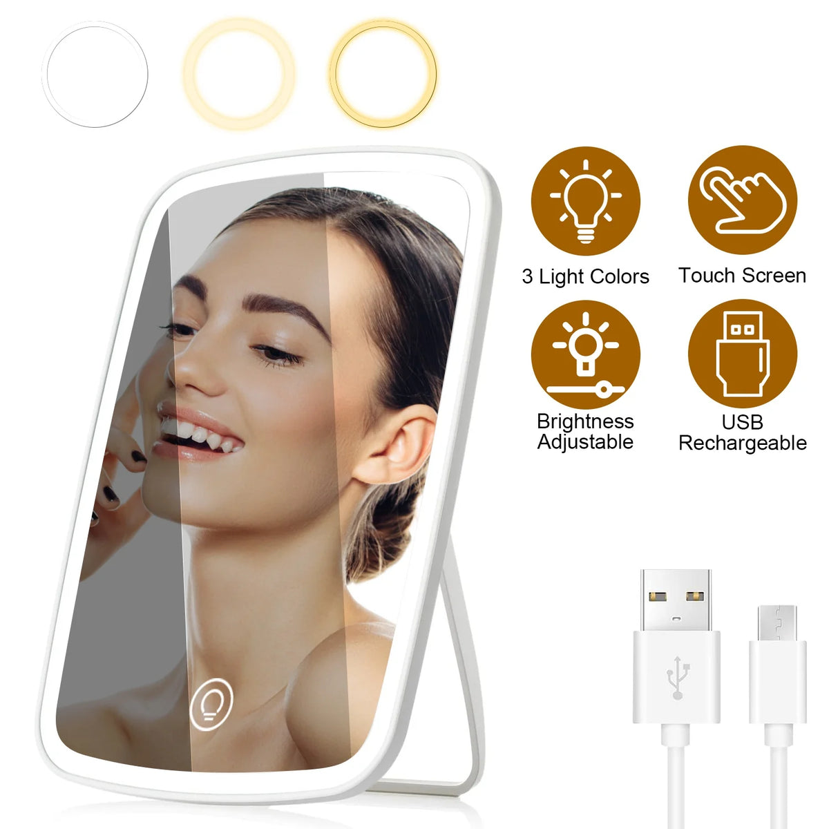 Lighted Makeup Mirror, Rechargeable LED Vanity Mirror, 3 Light Colors