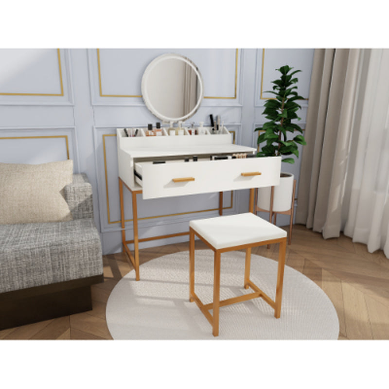 Makeup Vanity Table Set – Mirror, Stool & Storage, White and Gold – image 3