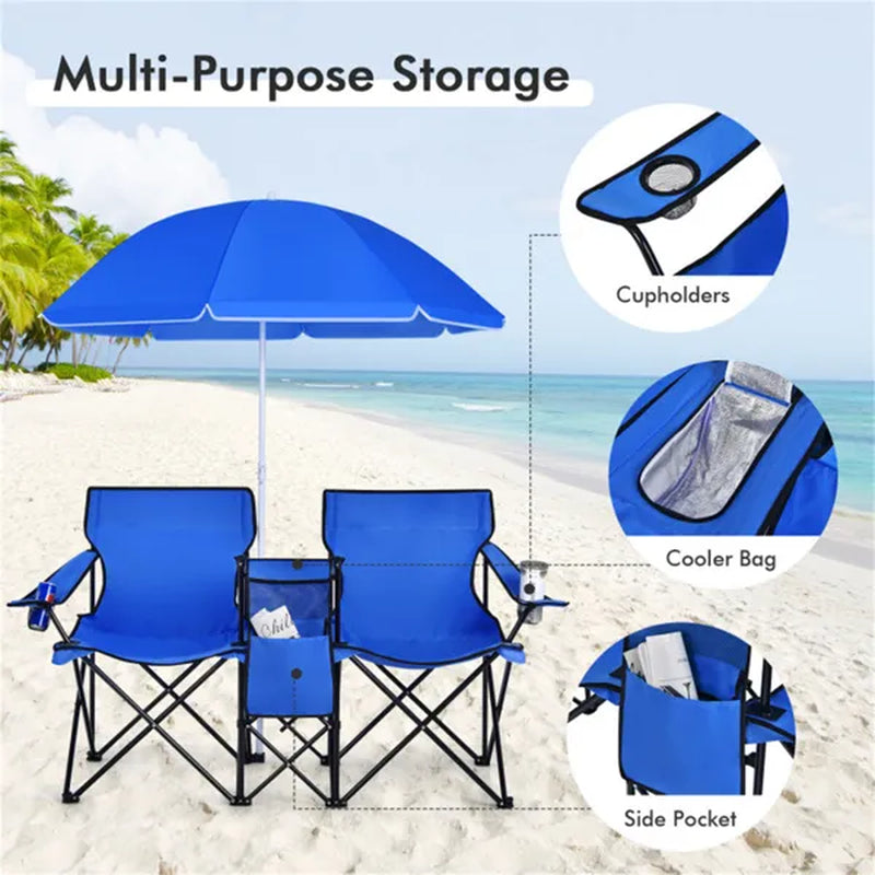 Double Folding Camping Chair with Umbrella and Cooler Bag – image 1
