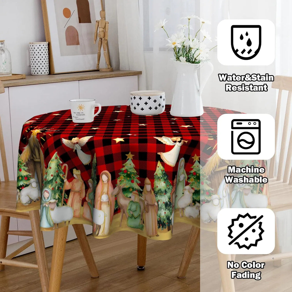 Christmas round Tablecloth 60 Inch, Holiday Print Table Cover
