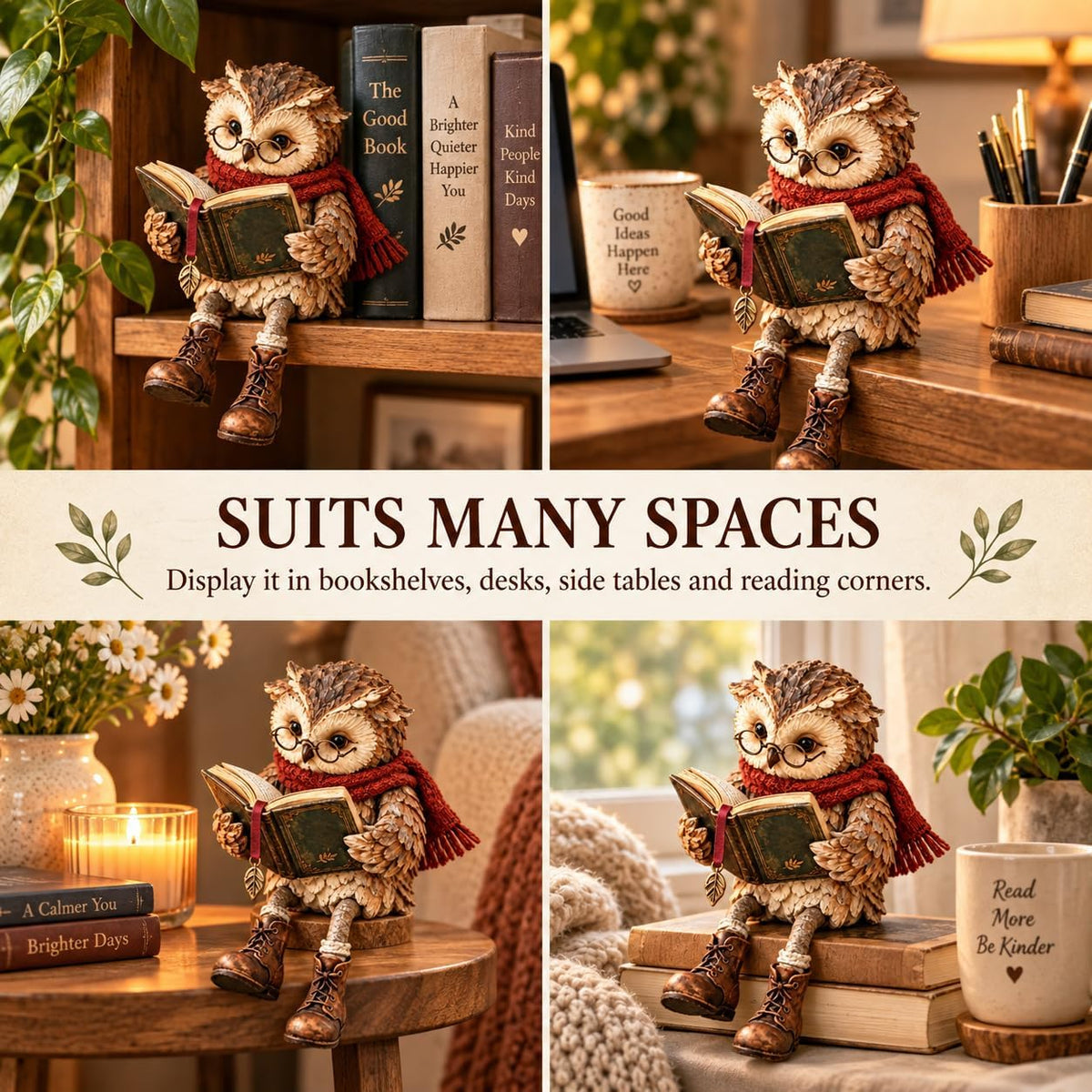 Reading Owl Figurine with Book, Bookshelf Decor – image 7
