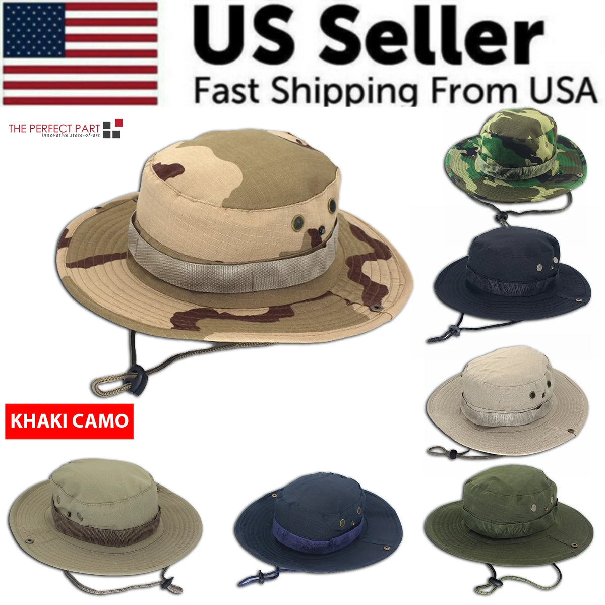 Work Sun Hat Camo Boonie - Wide Brim Outdoor Hat with Chin Strap