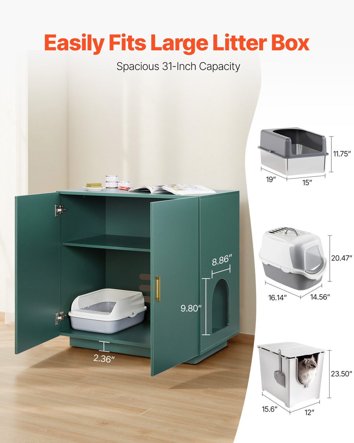 Double Door Cat Washroom Cabinet 31.5 Inch Vintage Green – image 3