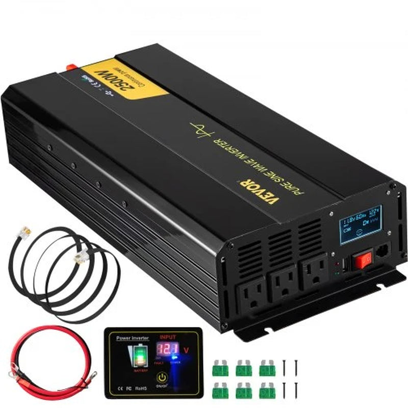 Pure Sine Wave Power Inverter 2500W – 12V DC to 120V AC with Remote