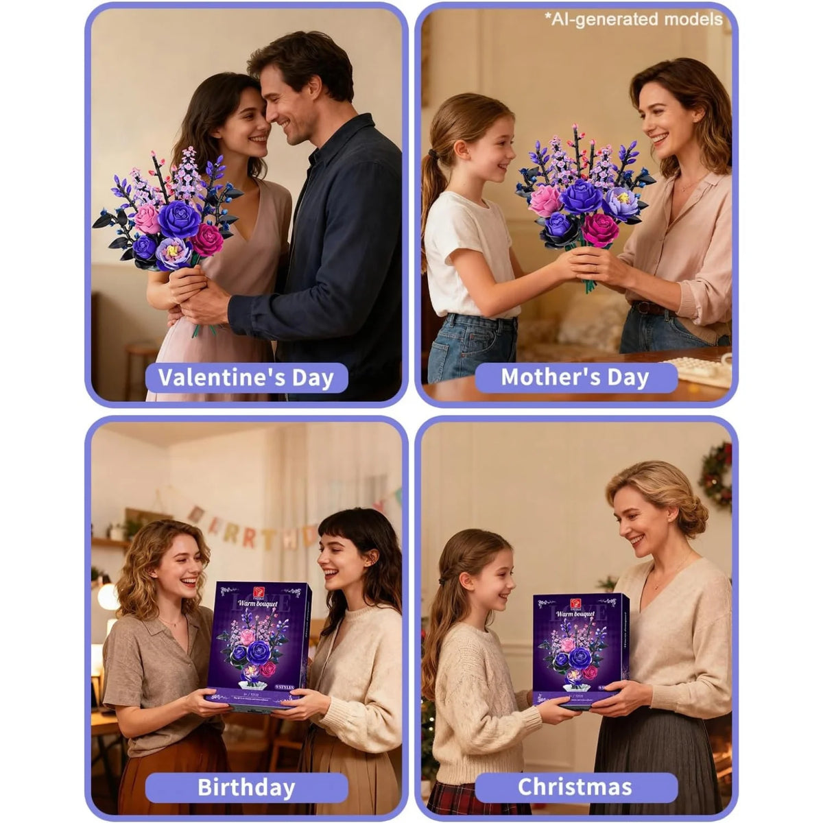 Rose Bouquet Building Set – Purple Botanical Blocks Decor – image 7