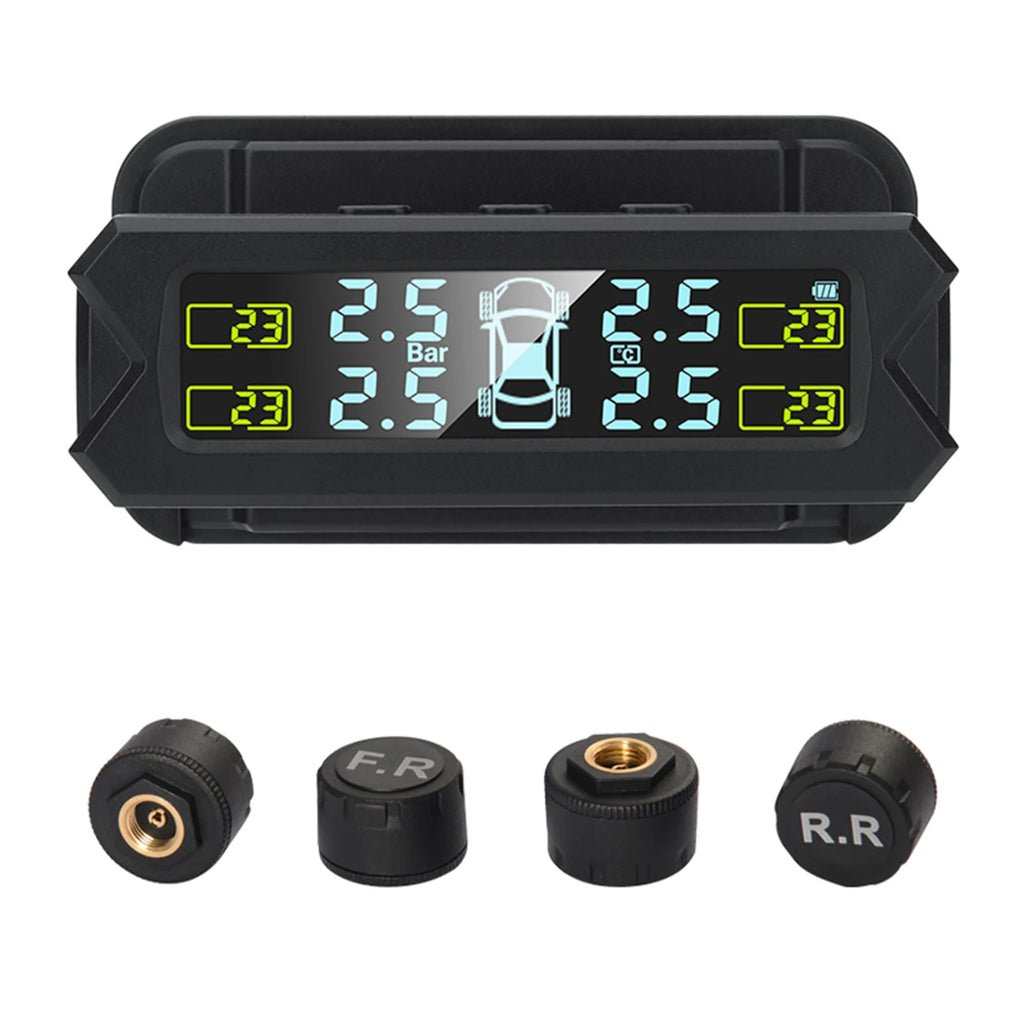 Solar Wireless TPMS - Tire Pressure Monitoring System with 4 Sensors & LCD Display