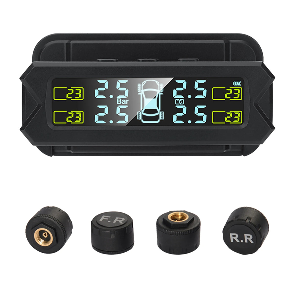 Solar Wireless TPMS - Tire Pressure Monitoring System with 4 Sensors & LCD Display