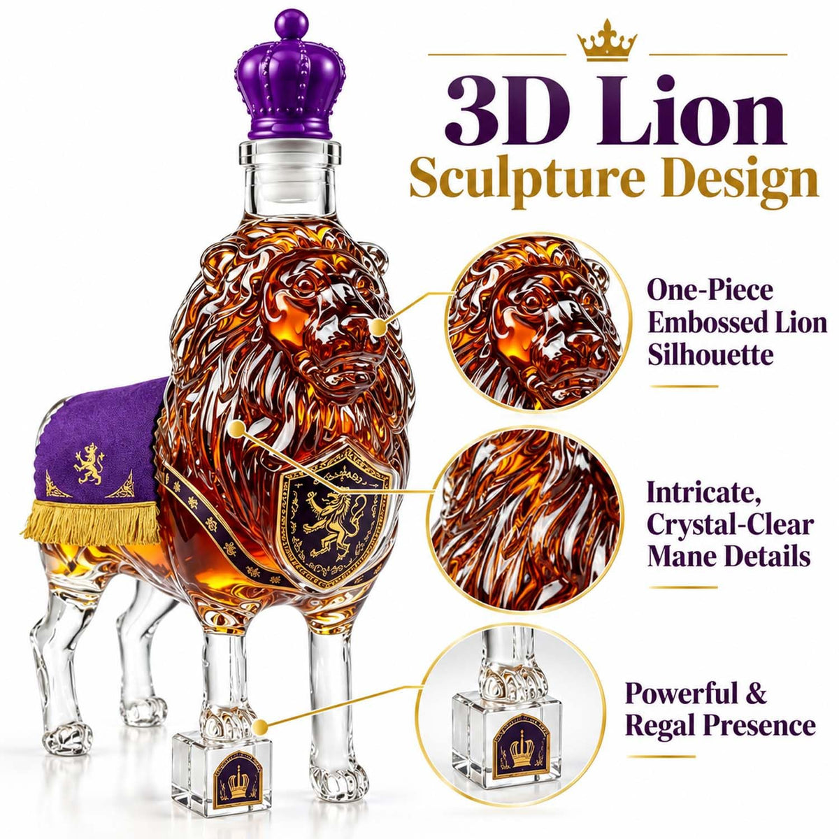 Whiskey Decanter Lion Sculpture, 350 ml Glass with Crown Stopper – image 3