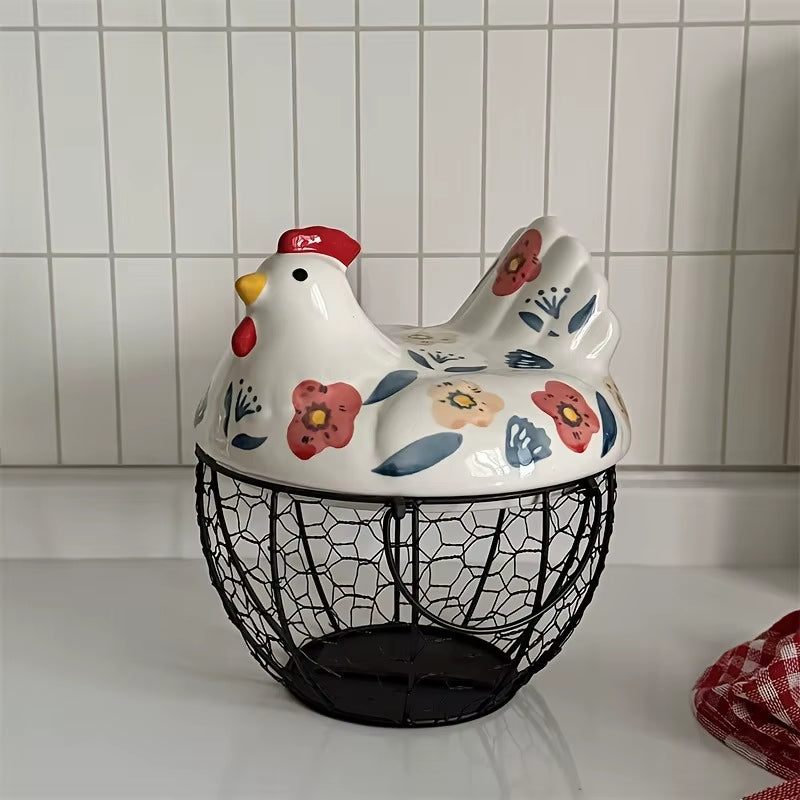Ceramic Egg Basket, Farmhouse Hen-Shaped Egg Holder with Lid – image 6