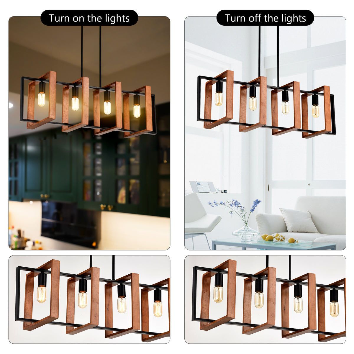 4-Light Farmhouse Kitchen Island Pendant Wood and Black 36 In