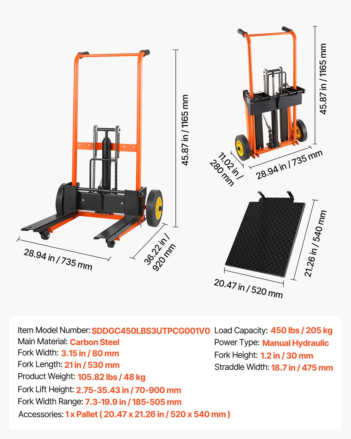 Material Lift Stacker 450 lb, Hydraulic Winch Lift to 35.4 in