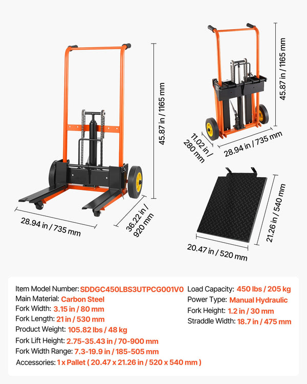 Material Lift Stacker 450 lb, Hydraulic Winch Lift to 35.4 in