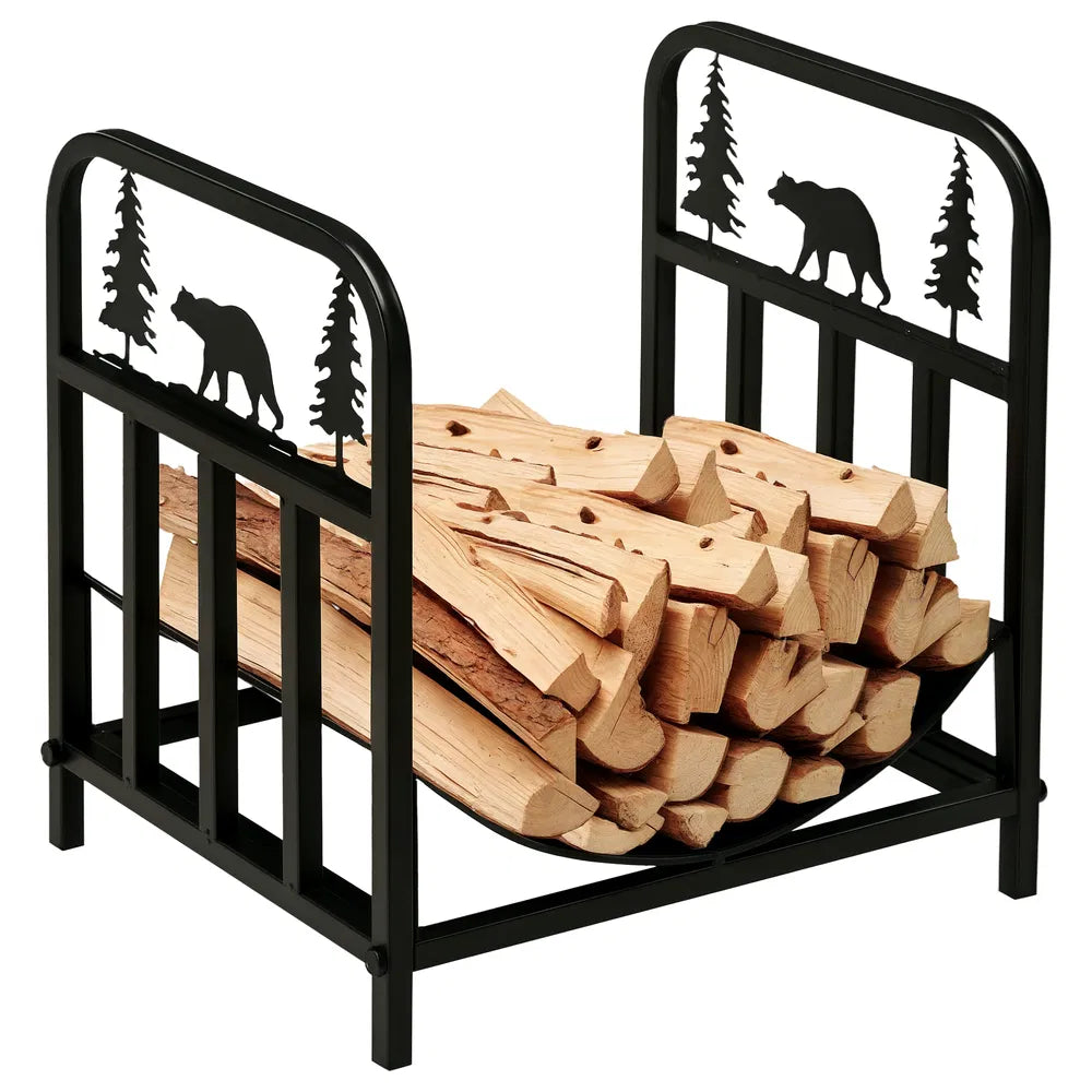 Curved Firewood Log Rack with Bear and Pine Tree Design, 17 Inch