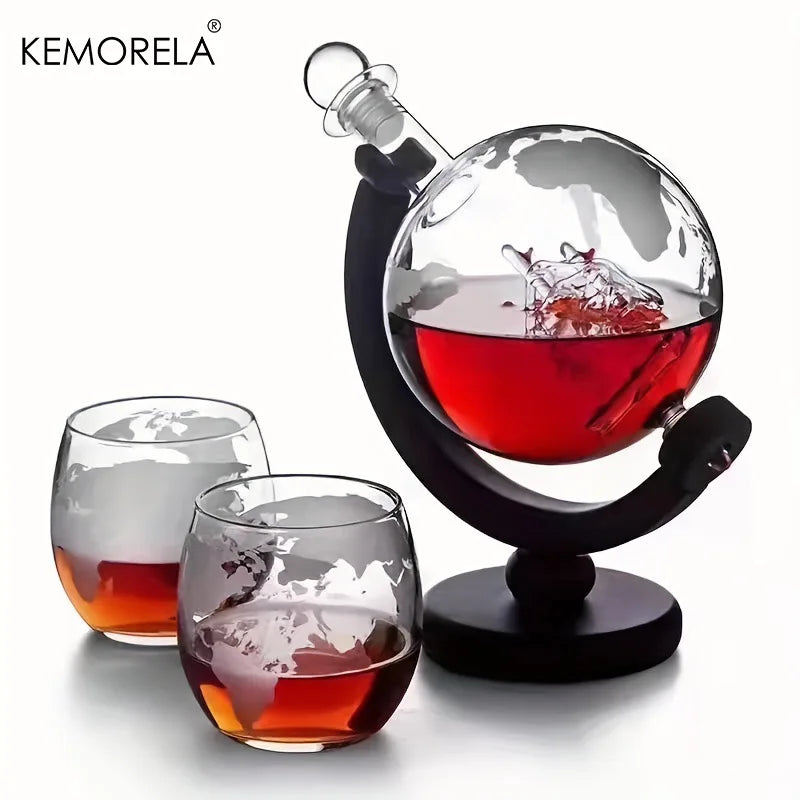 Globe Whiskey Decanter Set, 900 ml with Wood Stand – image 2