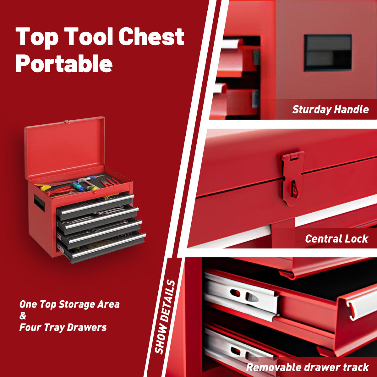 Rolling Tool Chest, 5-Drawer Steel Cabinet with Detachable Top Box – image 5