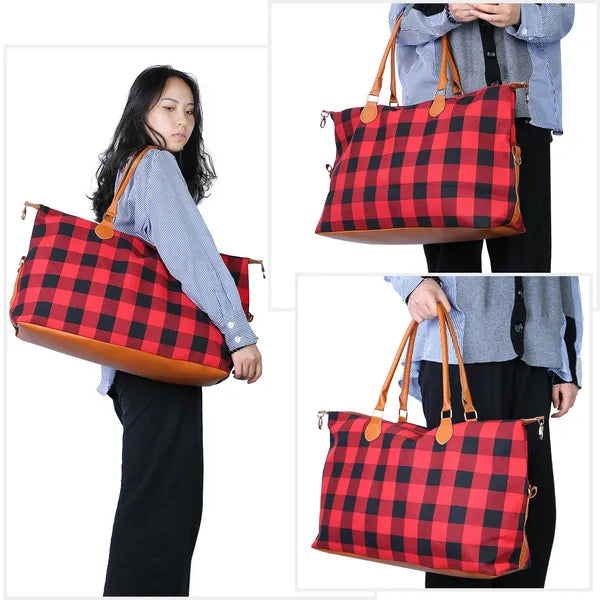 Buffalo Plaid Weekender Duffle Bag, Large Overnight Travel Tote – image 3