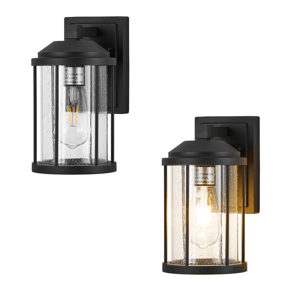 Outdoor Wall Sconces 2 Pack, Black Lanterns with Seeded Glass