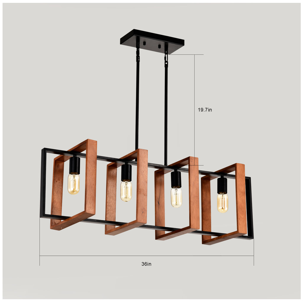 4-Light Farmhouse Kitchen Island Pendant Wood and Black 36 In