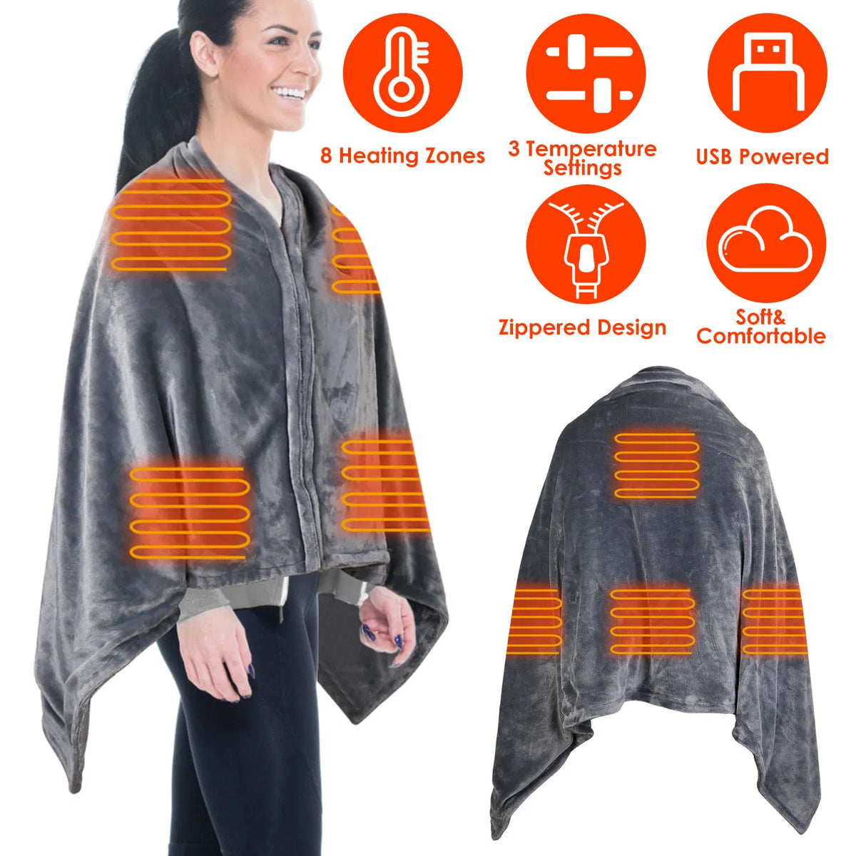 USB Heated Poncho Wrap Blanket with Zipper, 59 x 31 in – image 2