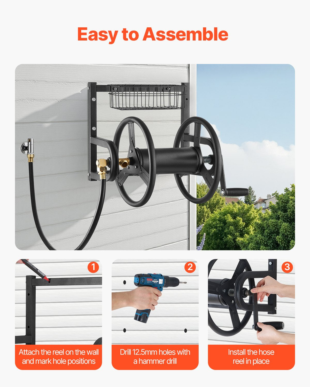 Wall Mounted Garden Hose Reel 125 ft with Brass Fitting and Basket – image 5