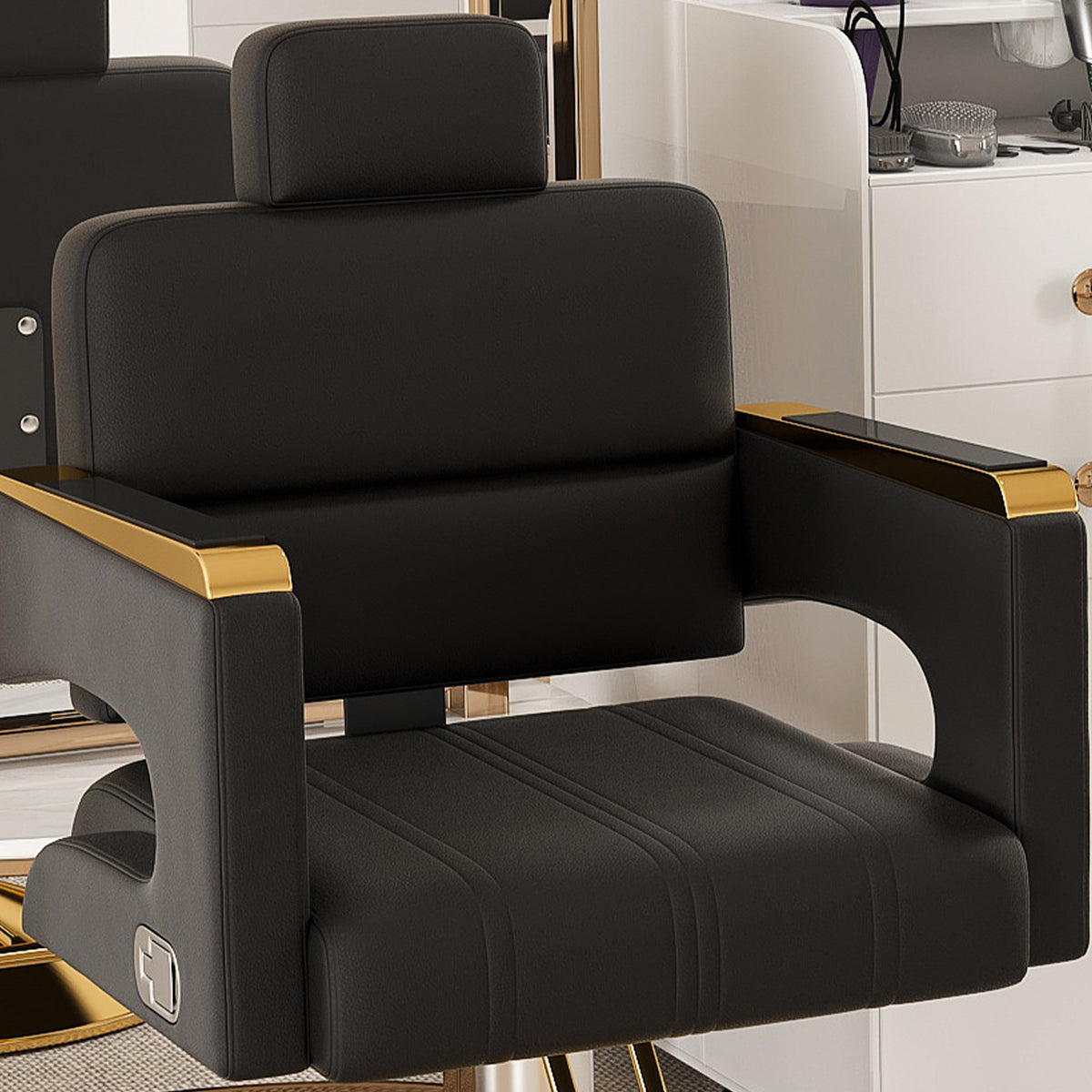 Reclining Barber Chair with Stainless Steel Armrests Black Gold – image 5