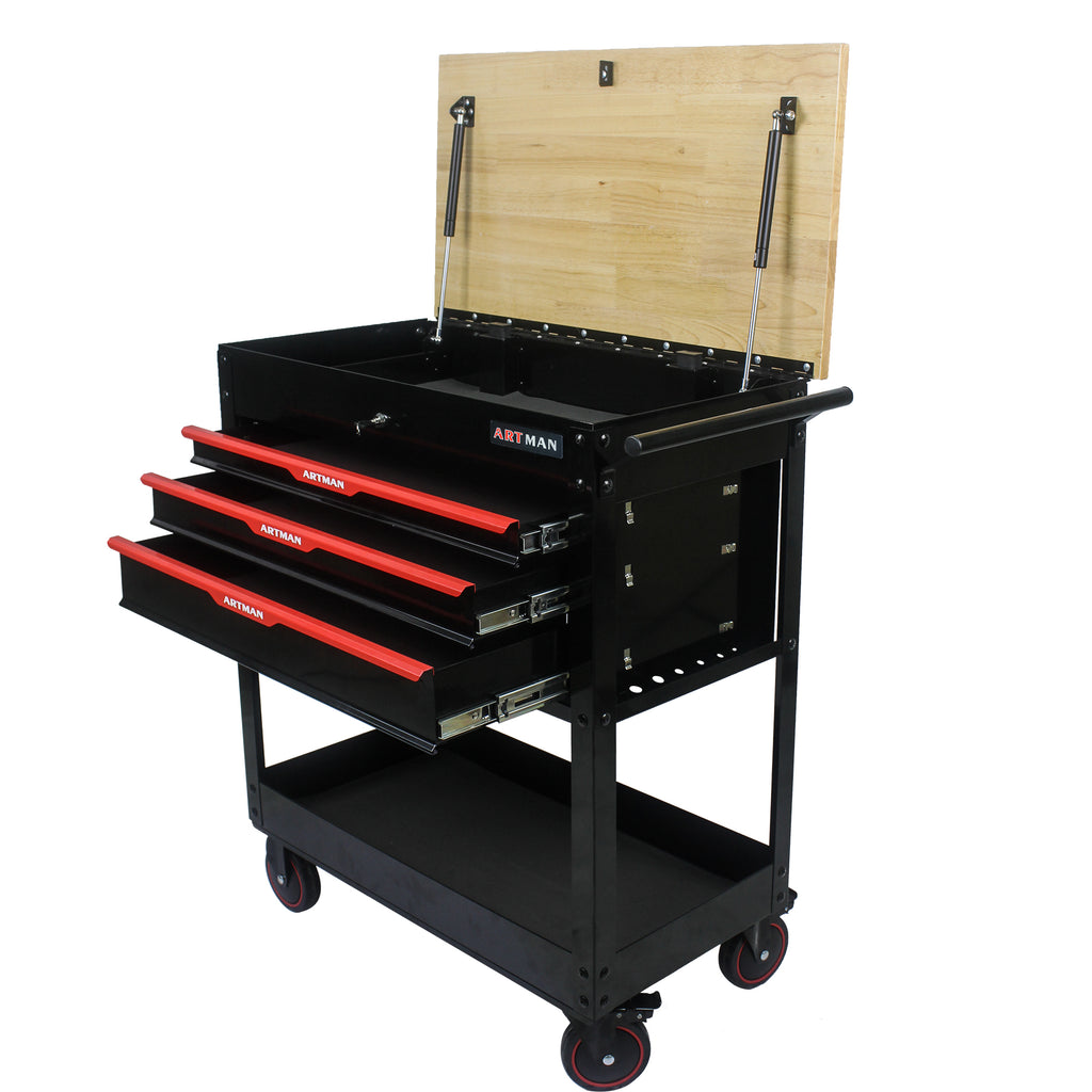 3-Drawer Rolling Tool Cart with Wooden Top and Adjustable Shelf