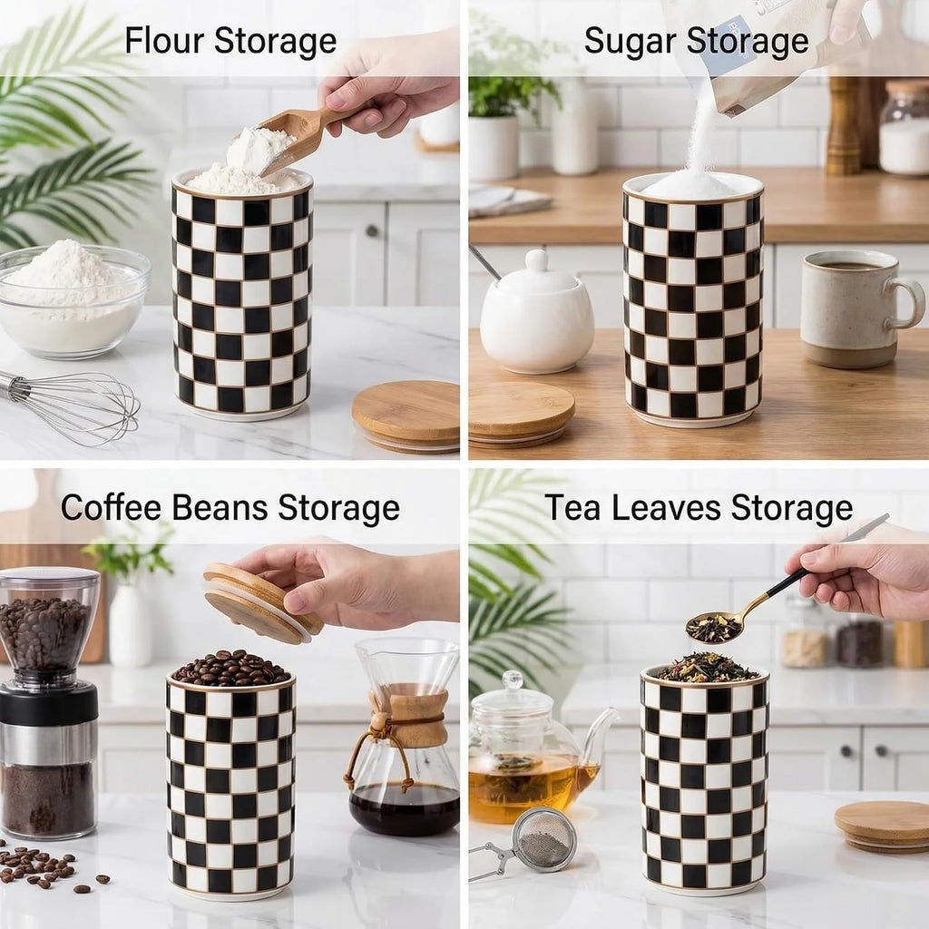 Ceramic Canister, Airtight 800 ml Kitchen Jar, Black Checkered – image 5
