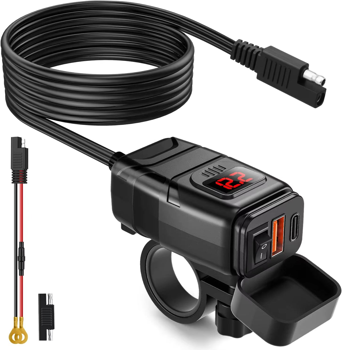 Motorcycle Dual USB Charger with Voltmeter, 12V Handlebar Mount