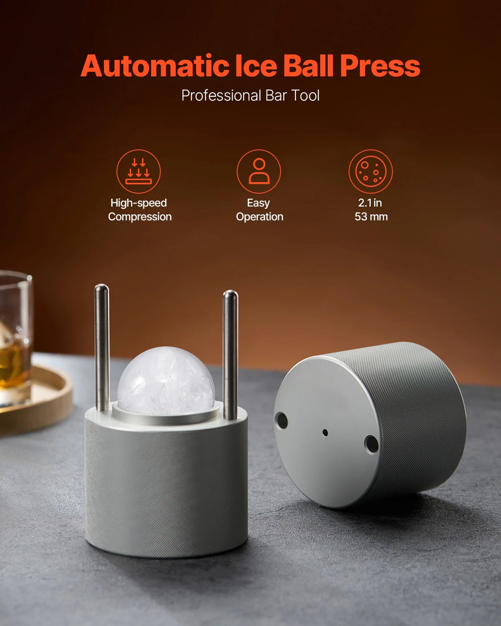 Ice Ball Press 2.1 in, Aluminum Ice Sphere Maker with Tongs and Tray – image 2