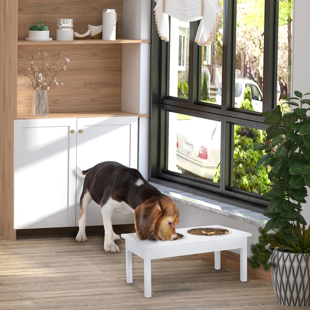 23" Wooden Elevated Dog Bowl Stand with 2 Stainless Bowls, White – image 2