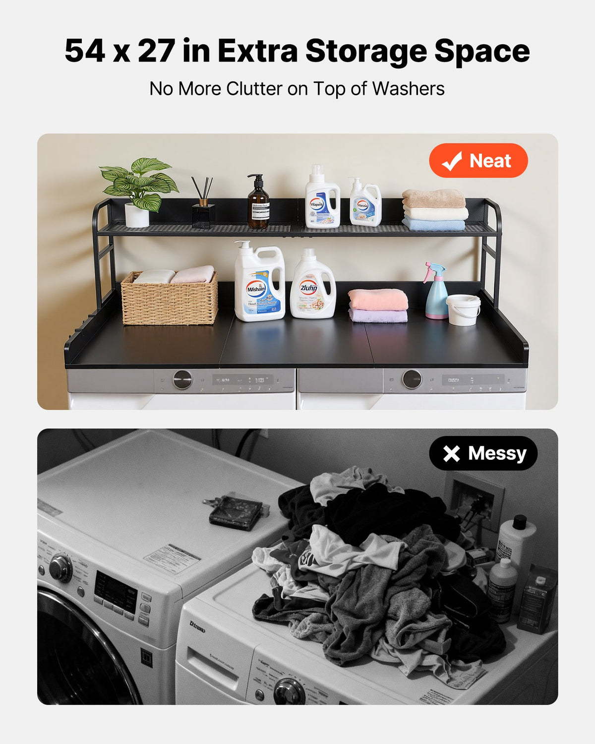 Washer Dryer Countertop with Shelf & 2 Hooks, 54 X 27.5 In, Black