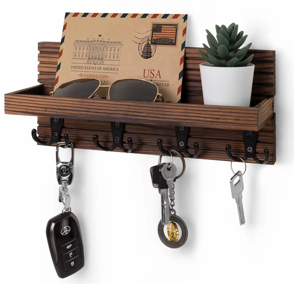 Key Holder with Mail Organizer – Wooden Wall Rack, 4 Hooks – image 2