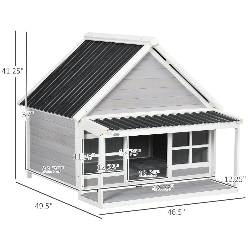 Wooden Dog House with Porch, Dog House Outdoor with Tilt Roof, Front Door, Windows for Medium Large Sized Dog