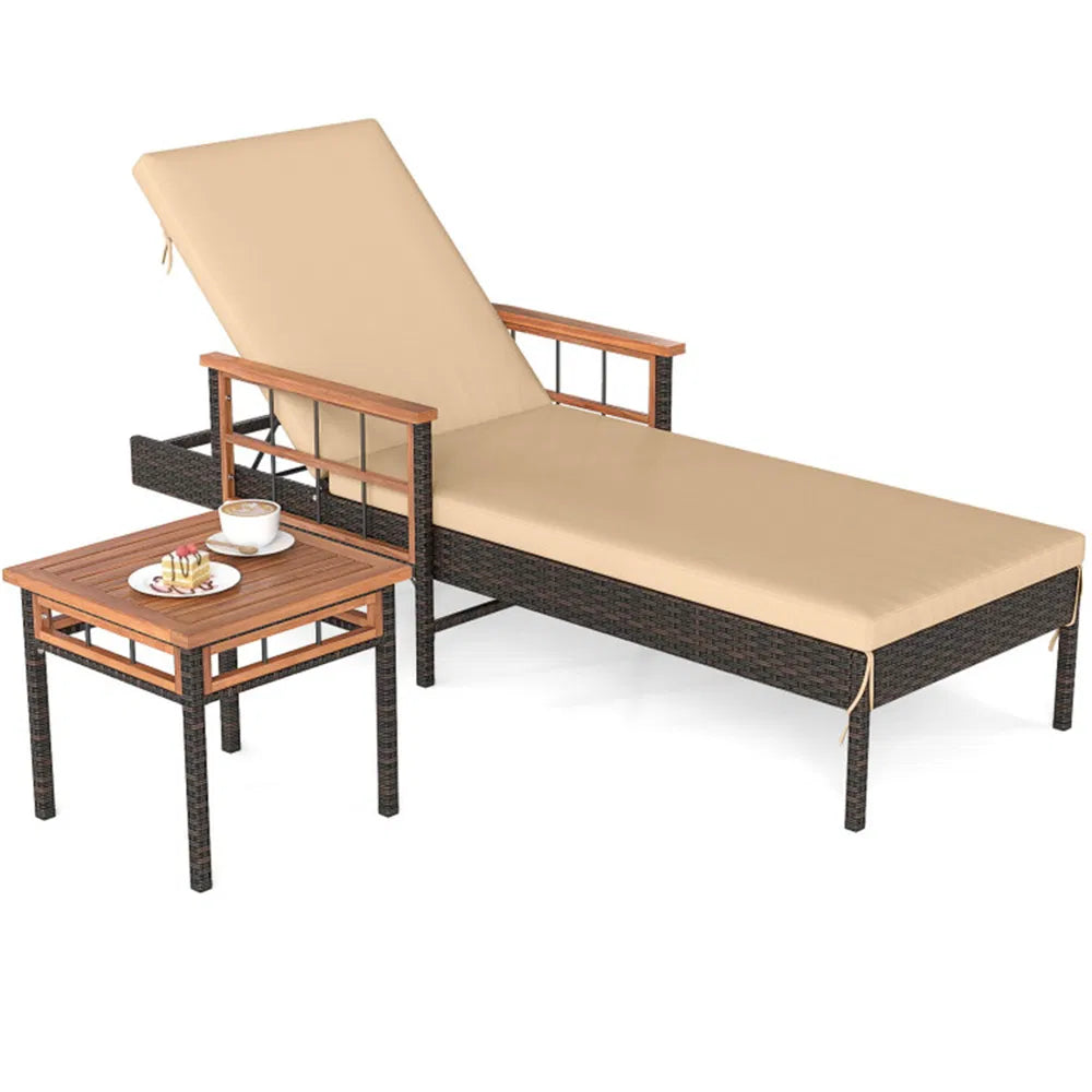 Rattan Chaise Lounge with Side Table, 79 in Adjustable Recliner