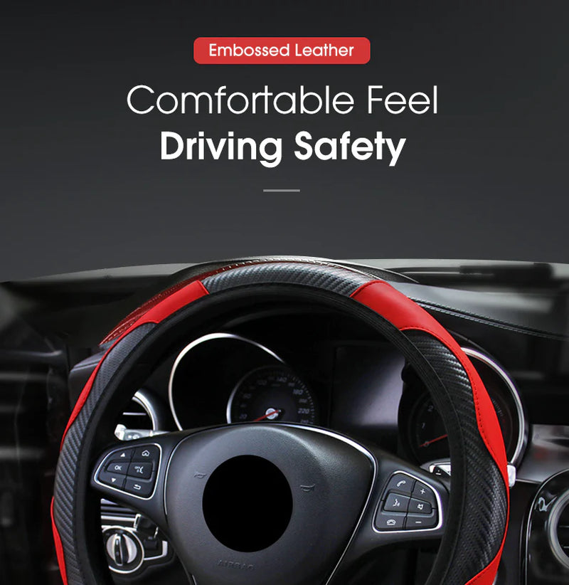 Steering Wheel Cover, Red & Black Carbon Fiber PU Leather, 15 in – image 9