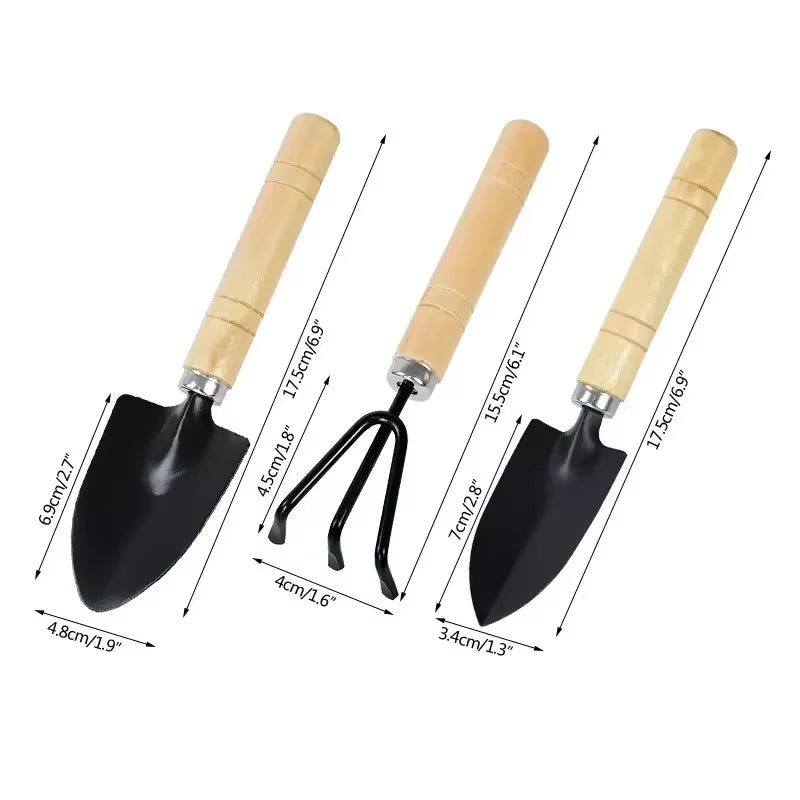 Mini Garden Tool Set 3-Piece - Trowel, Rake & Shovel, Wood Handles