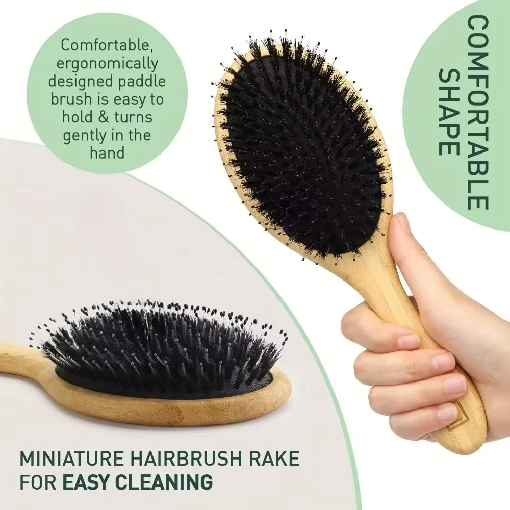 Boar Bristle Hair Brush Bamboo Paddle Detangling Brush – image 2