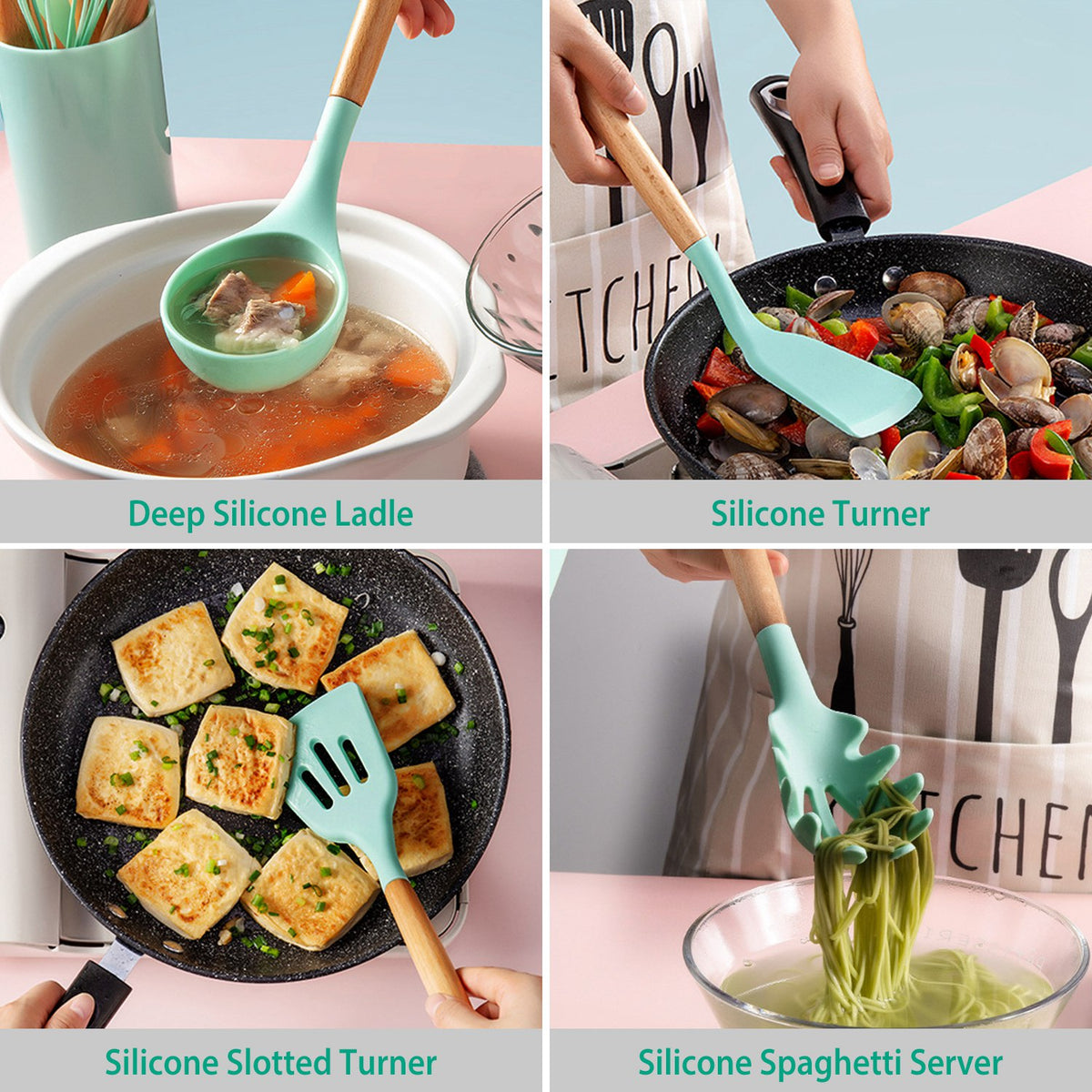 11-Piece Silicone Cooking Utensil Set with Wood Handles and Holder – image 5