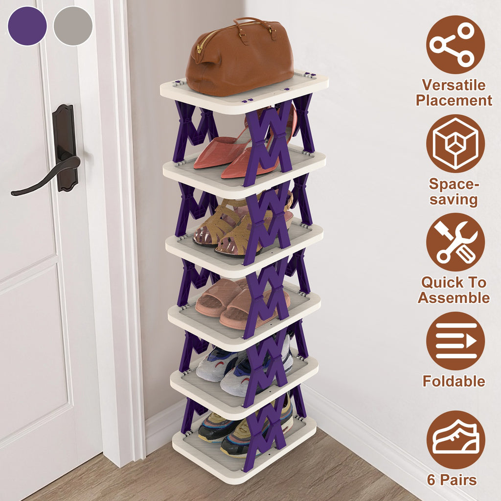 6 Tier Foldable Shoe Rack Vertical Shoe Organizer Narrow Shoe Rack for Small Spaces Space Saving Free Standing for Corner Entryway Hallway Bedroom 2 Color Options