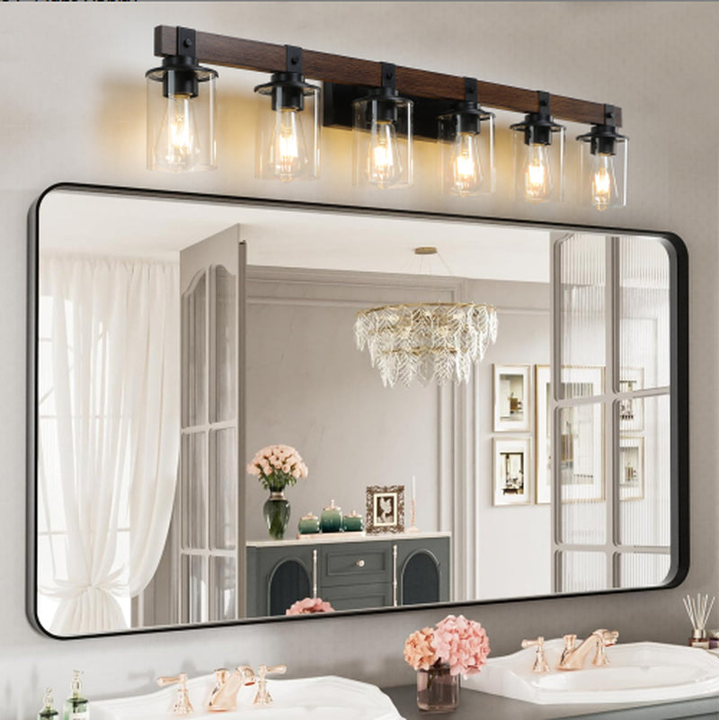 42 Inch Rustic 6-Light Vanity Light with Glass Shades and Wood Accent – image 5