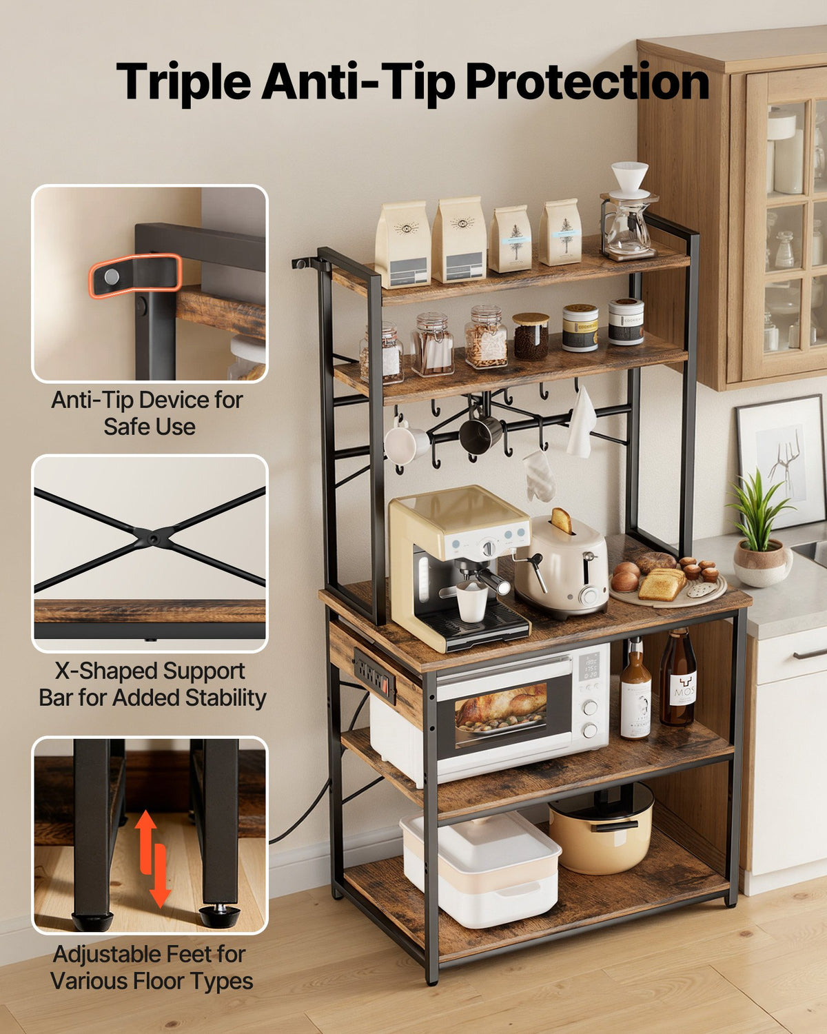5 ft Kitchen Bakers Rack with Power Outlet and 12 Hooks