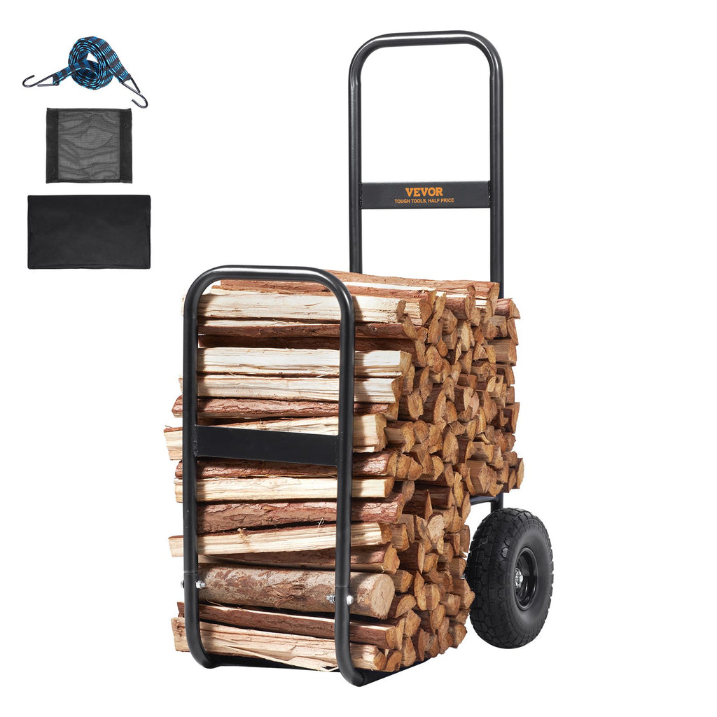 Firewood Log Cart, 250 Lbs Capacity, Outdoor and Indoor Wood Rack Storage Mover with PU Wheels Waterproof Cloth, Heavy Duty Steel Dolly Hauler, Firewood Carrier for Fireplace, Fire Pit, Black
