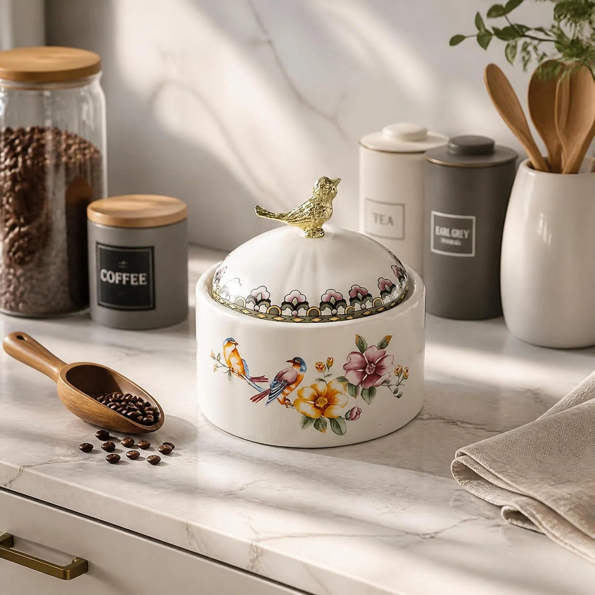 Sugar Bowl with Lid, Ceramic Floral Bird Canister, 0.5 L – image 7