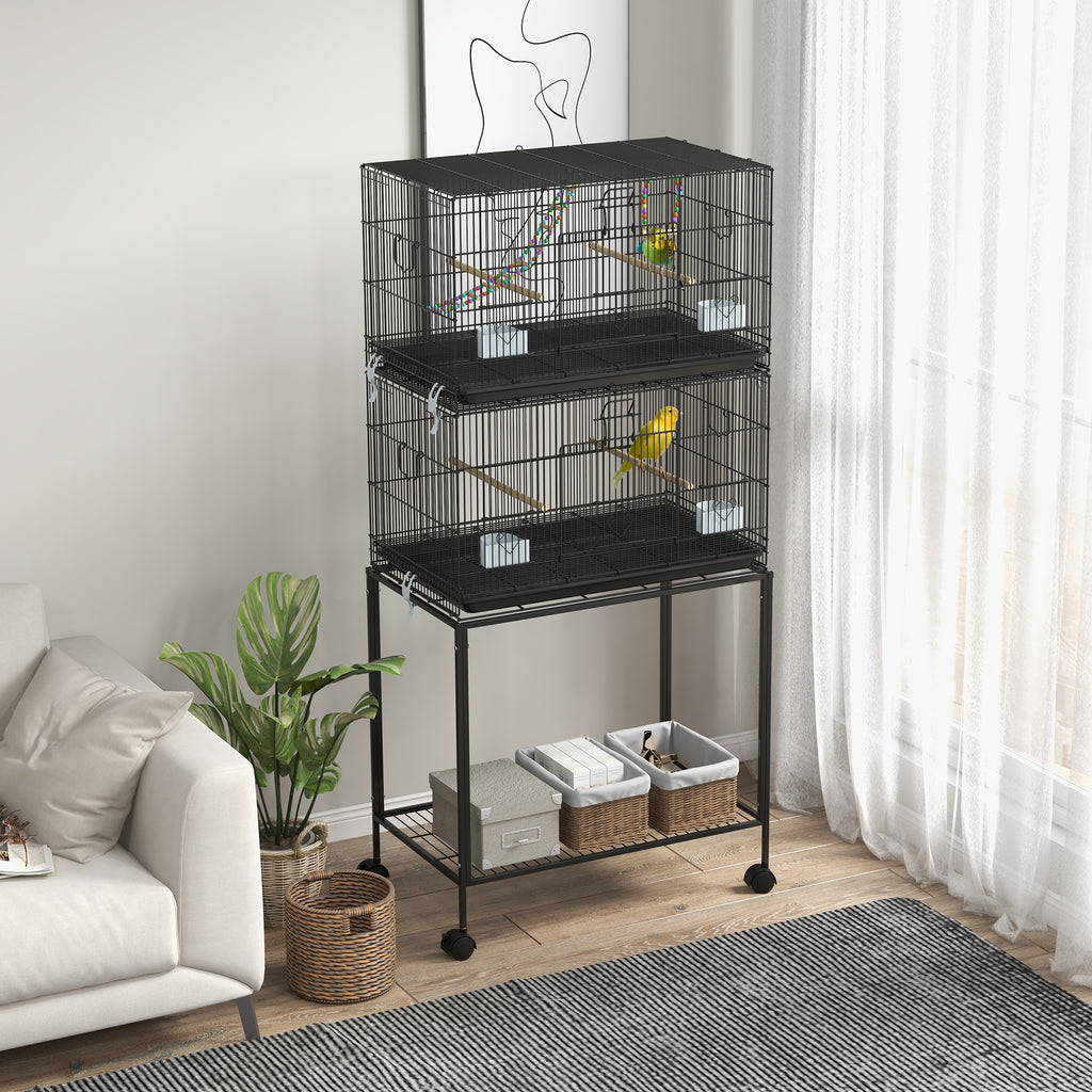 Double Stackable Bird Cage with Rolling Stand for Canaries, Black – image 2