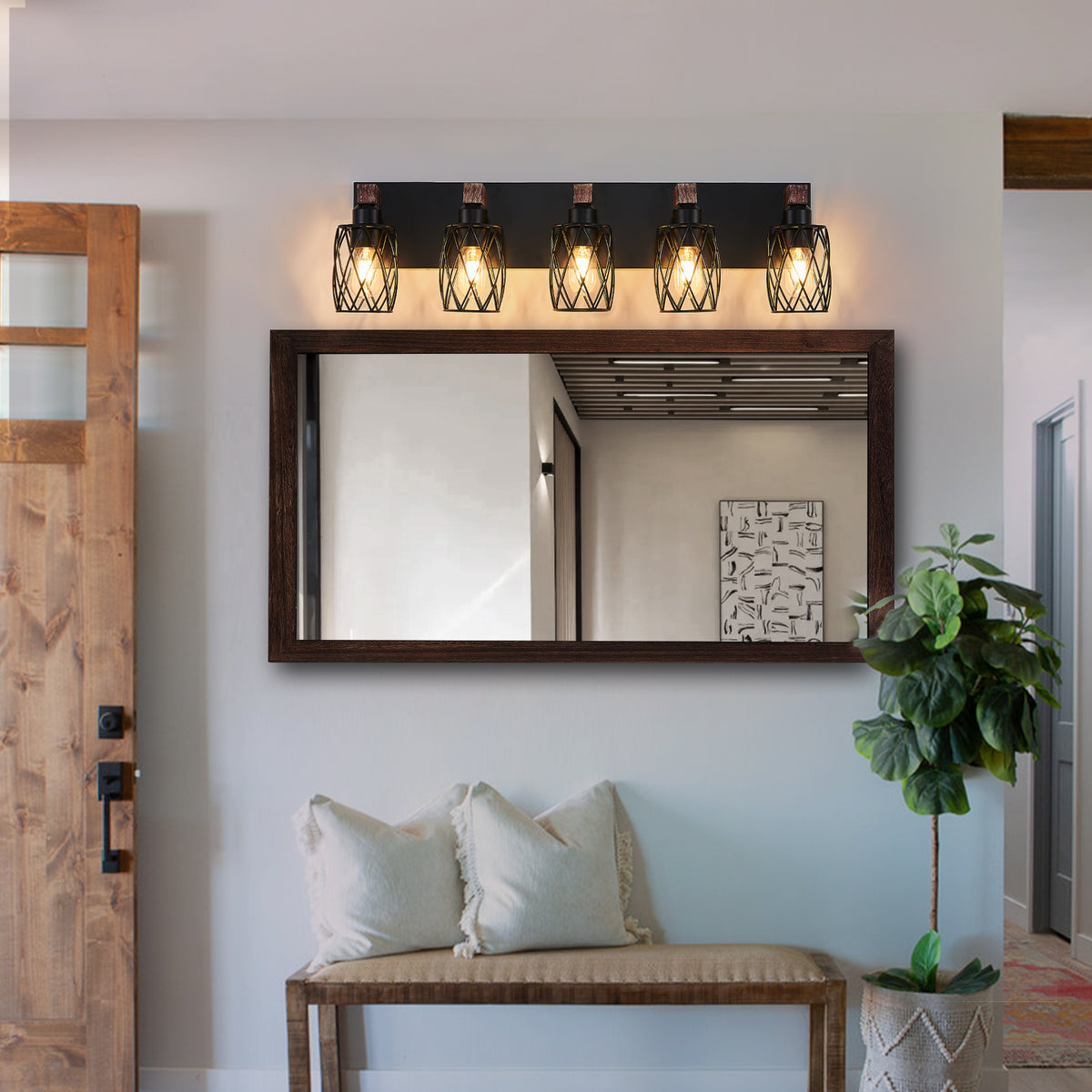 31 Inch Industrial 5-Light Cage Vanity Light, Black & Walnut