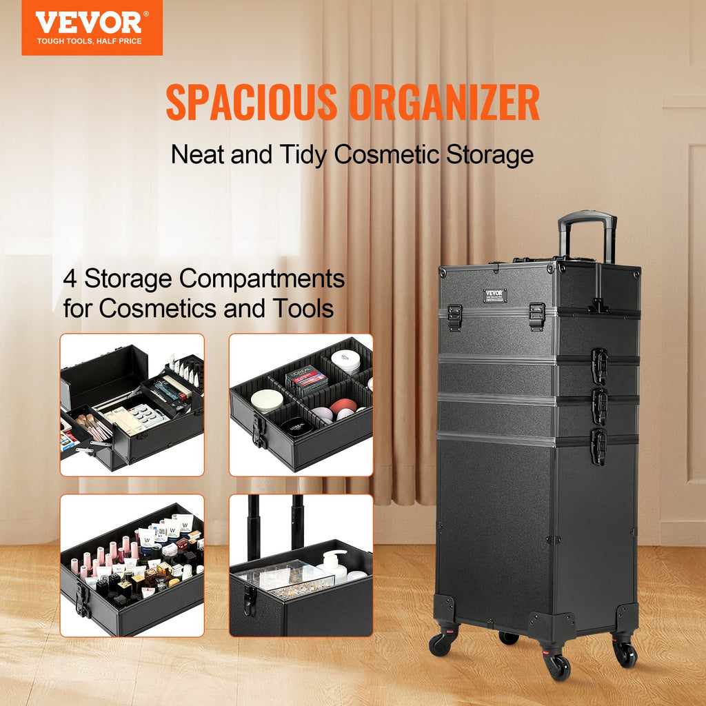 Rolling Makeup Case – 5-in-1 Aluminum Trolley Train Case, Black – image 3
