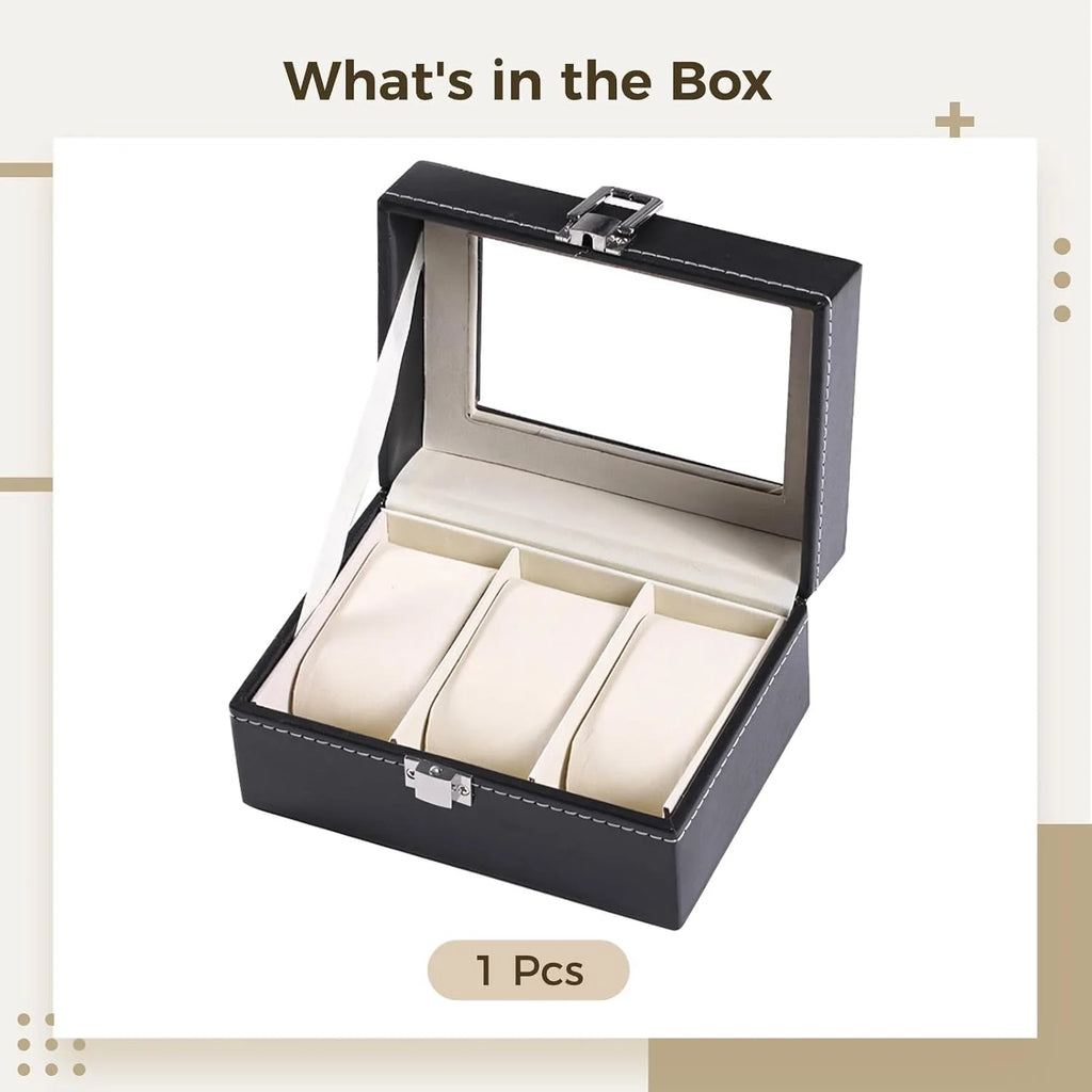 Watch Box Organizer, 3 Slots with Acrylic Window, Black PU Leather – image 2