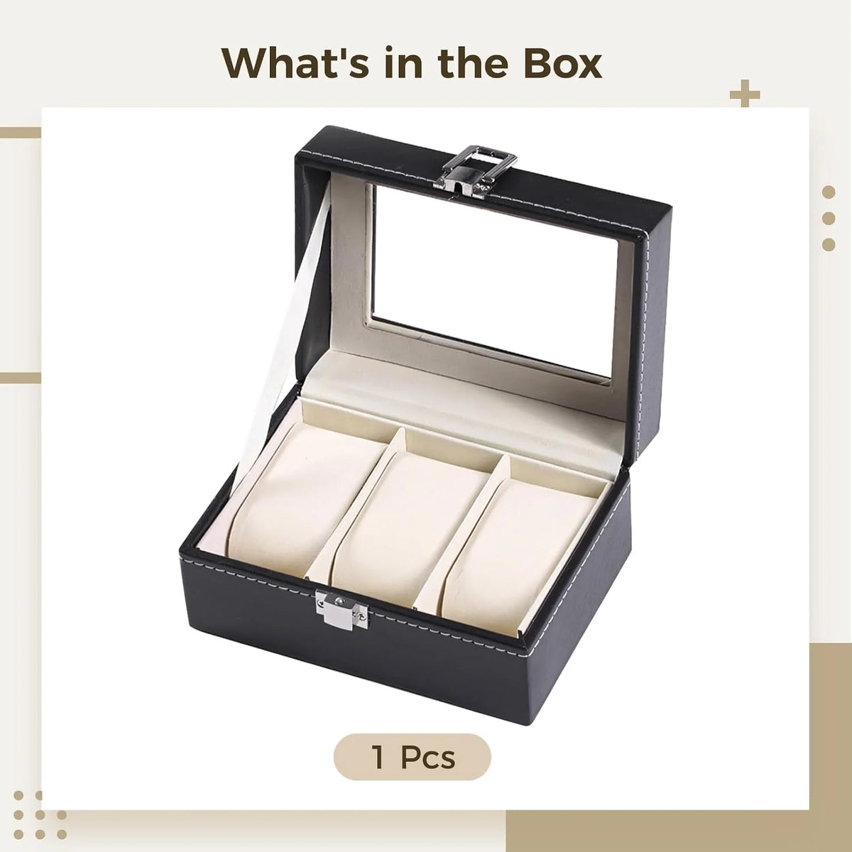 Watch Box Organizer, 3 Slots with Acrylic Window, Black PU Leather – image 2