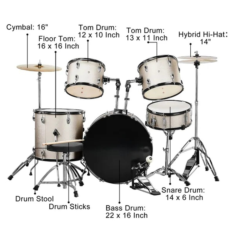 Full Size 5-Piece Adult Drum Set with Cymbals, Throne and Pedal, Silver – image 6